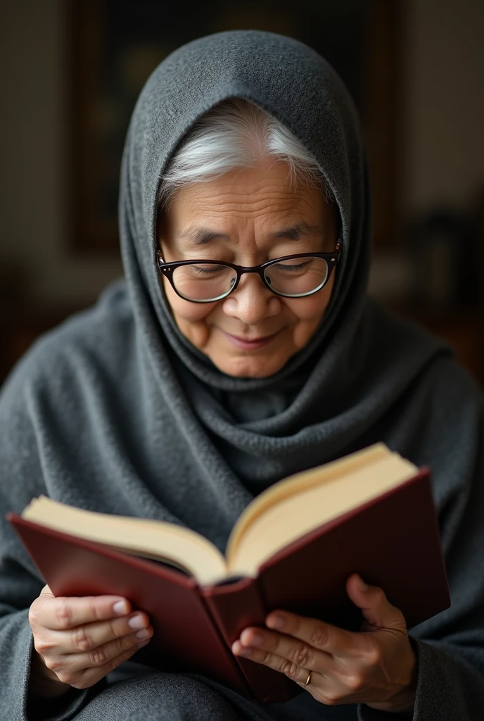 malay senior citizen wearing white color reciting al quran wearing kopiah as well wearing spectacle , can u change to the women senior citizen, waering a proper hijab without show her hair and make the asian women face