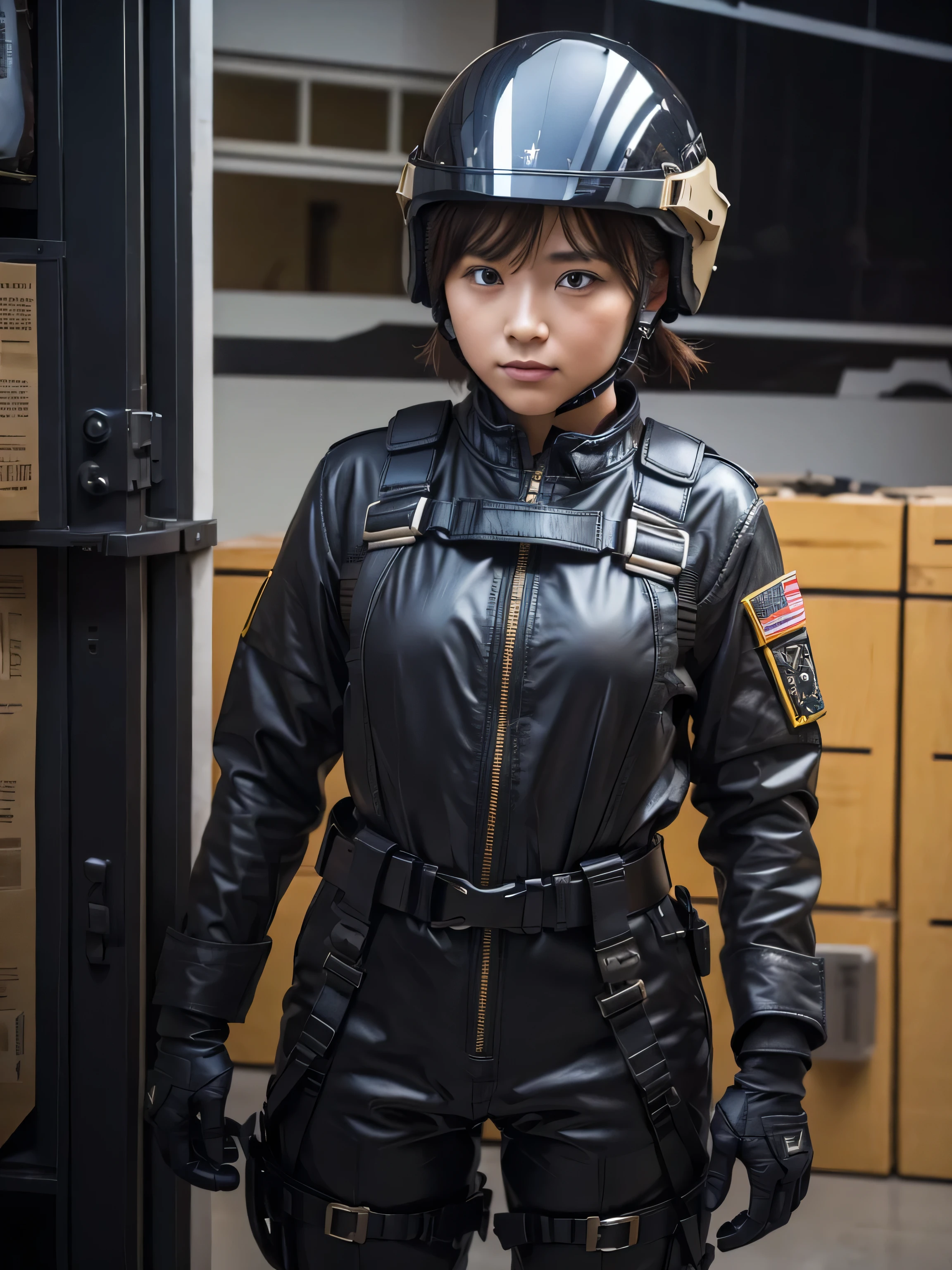 A female soldier wearing a fighter jet piloting helmet and a thick harness belt、
