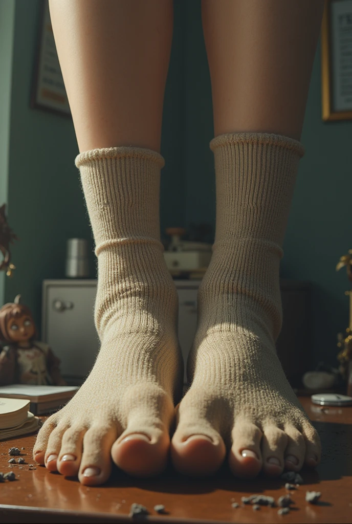 Girl lick Giant Girl smelly feet in socks on desk close up