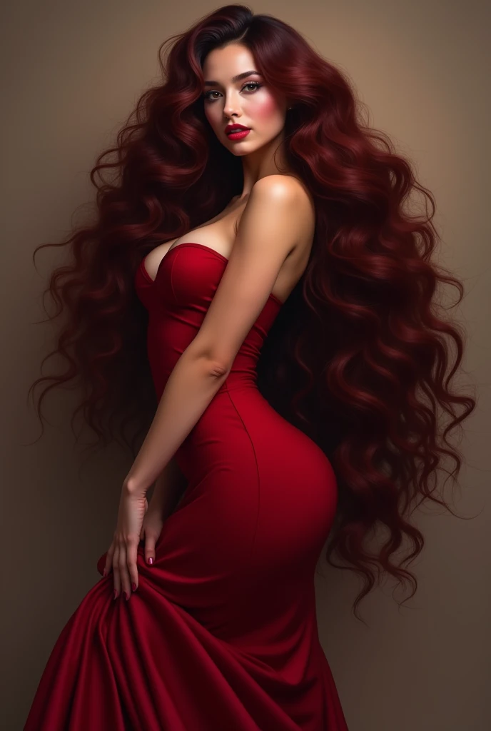 A bright burgundy dyed tigress brunette in a dark red dress, round face and hourglass body without highlighting so much and hip dips. Curly hair that reaches below the shoulders without frizz 