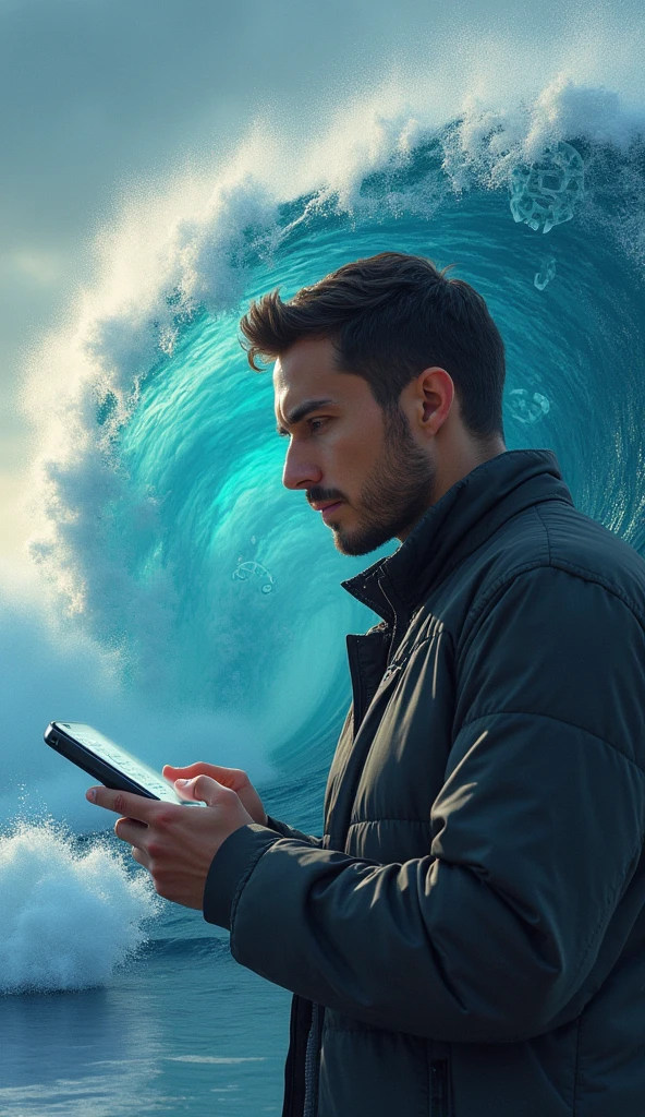 The person is looking thoughtful, with a smartphone in one hand and a rising wave graphic in the background. The wave could have small cryptocurrency symbols like Bitcoin, Ethereum, etc., riding it.