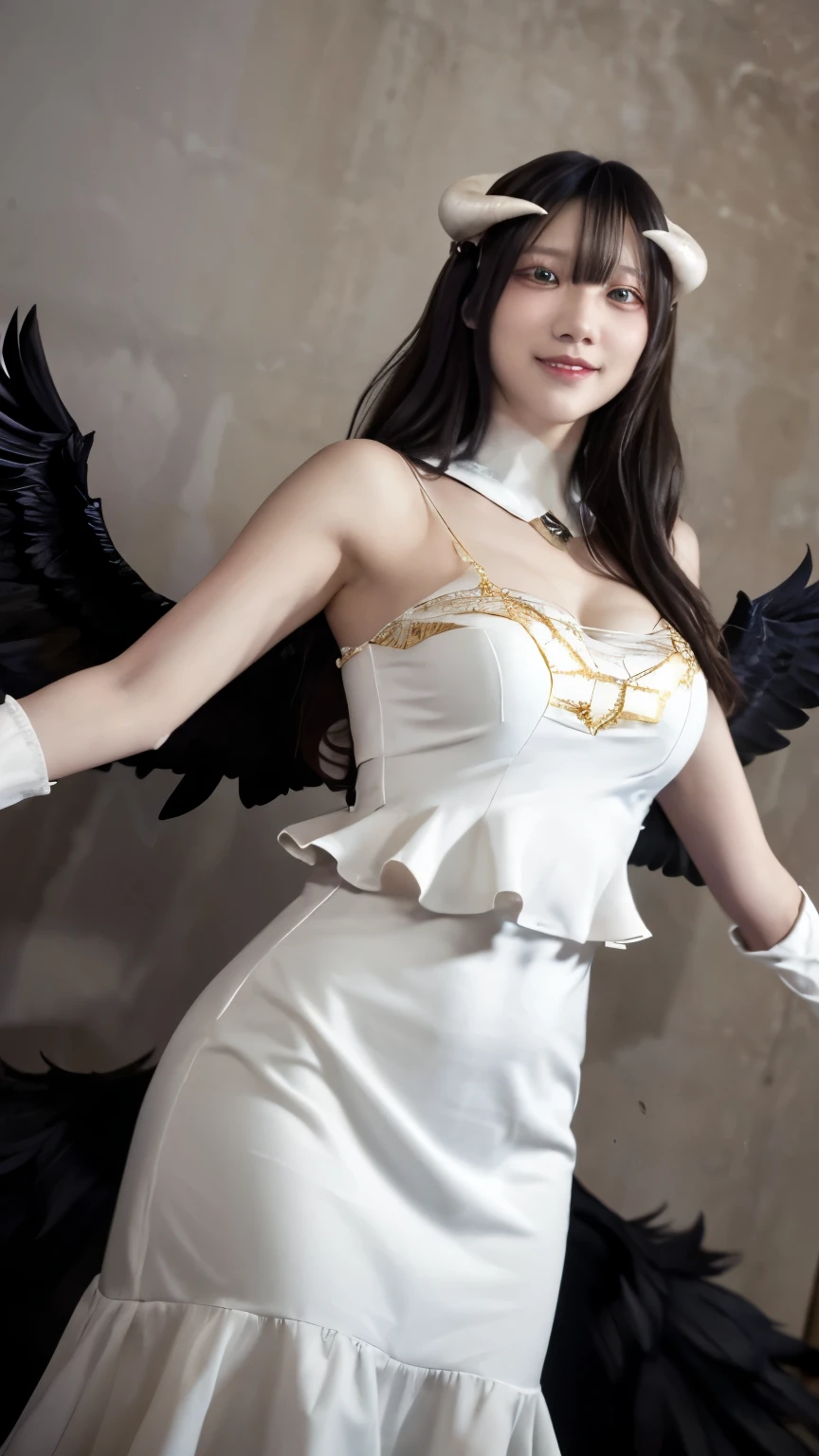 masterpiece, best quality, highres, al1, demon horns, slit pupils, white gloves, white dress, bare shoulders, detached collar, cleavage, black wings, feathered wings, low wings, cowboy shot, standing, dungeon, evil smile, reaching out, spread arms, outstretched arms,