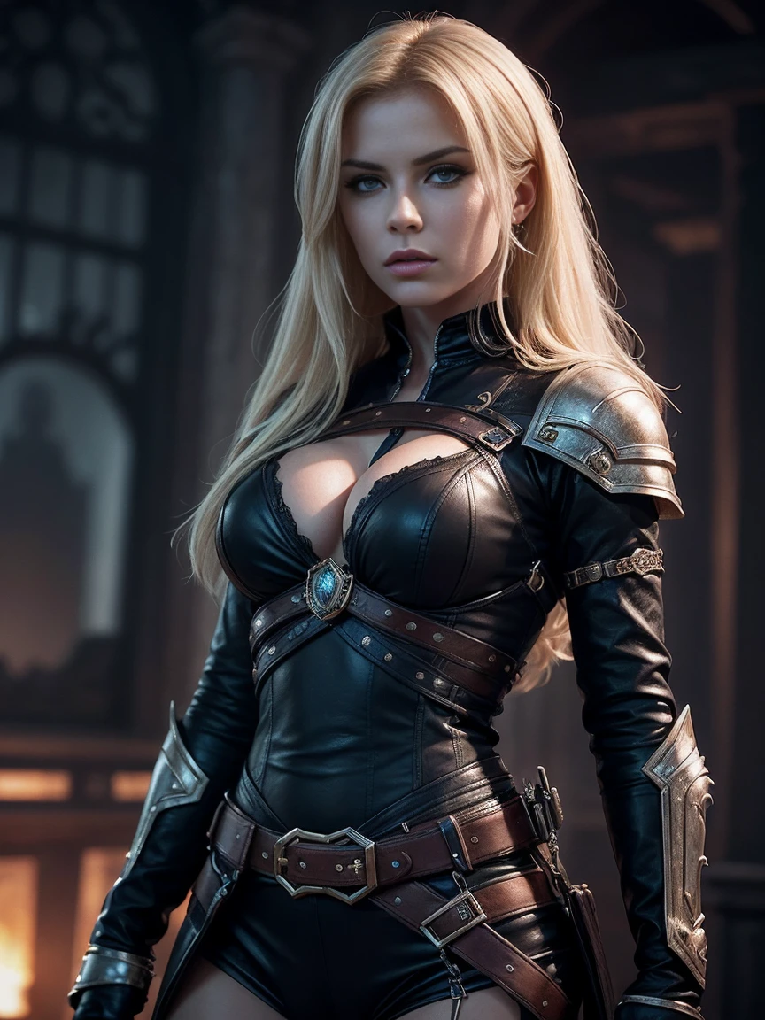 score_9, score_8_up, score_7_up, (((Solo focus))) Design a powerful and thrilling female fantasy character. best quality, extremely beautiful, beautiful face, short, sexy blonde hair, (Woman dark : 1.2), Large bust. Wide hips. Sexy appeal. She has a devious and dreadful look about her. Great abs. She seems dangerous and sly. She has a lot of charisma and personality. photorealistic depiction, 4K resolution. fantasy attire, dark atmosphere, photorealistic depiction, 4K resolution.