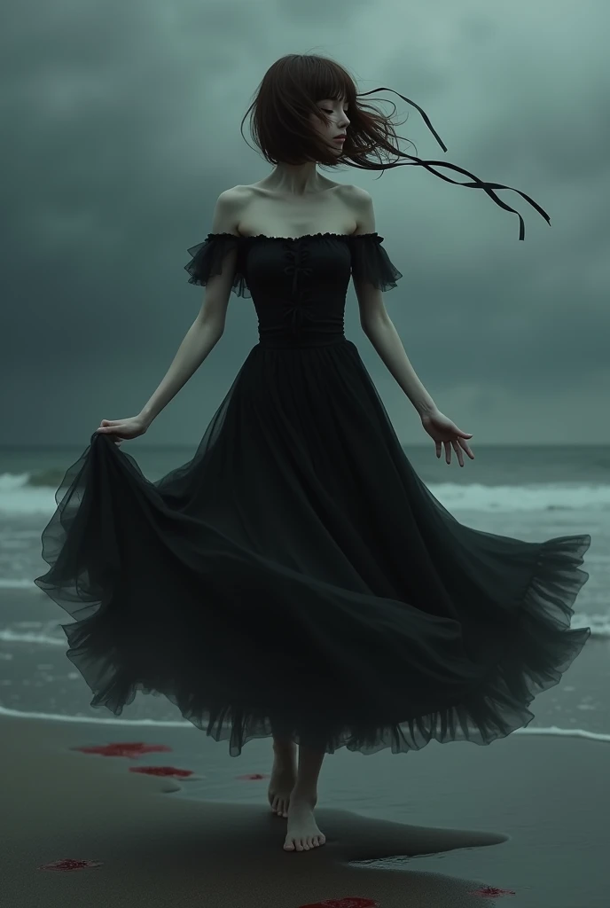Female
Wearing a Tall black off the shoulder layery dress
Brown  hair medium reaching above  shoulders with curtain bangs and covering eye sockets
	Eyes covered by a ribbon
She has Pale white skin

With a Skinny hourglassish build with emotioless features 
Is 	dancing elegantly in a bloody black sand  with dark cloudy heavy rain and thunder in the back

Destined to be killed by a lover again
