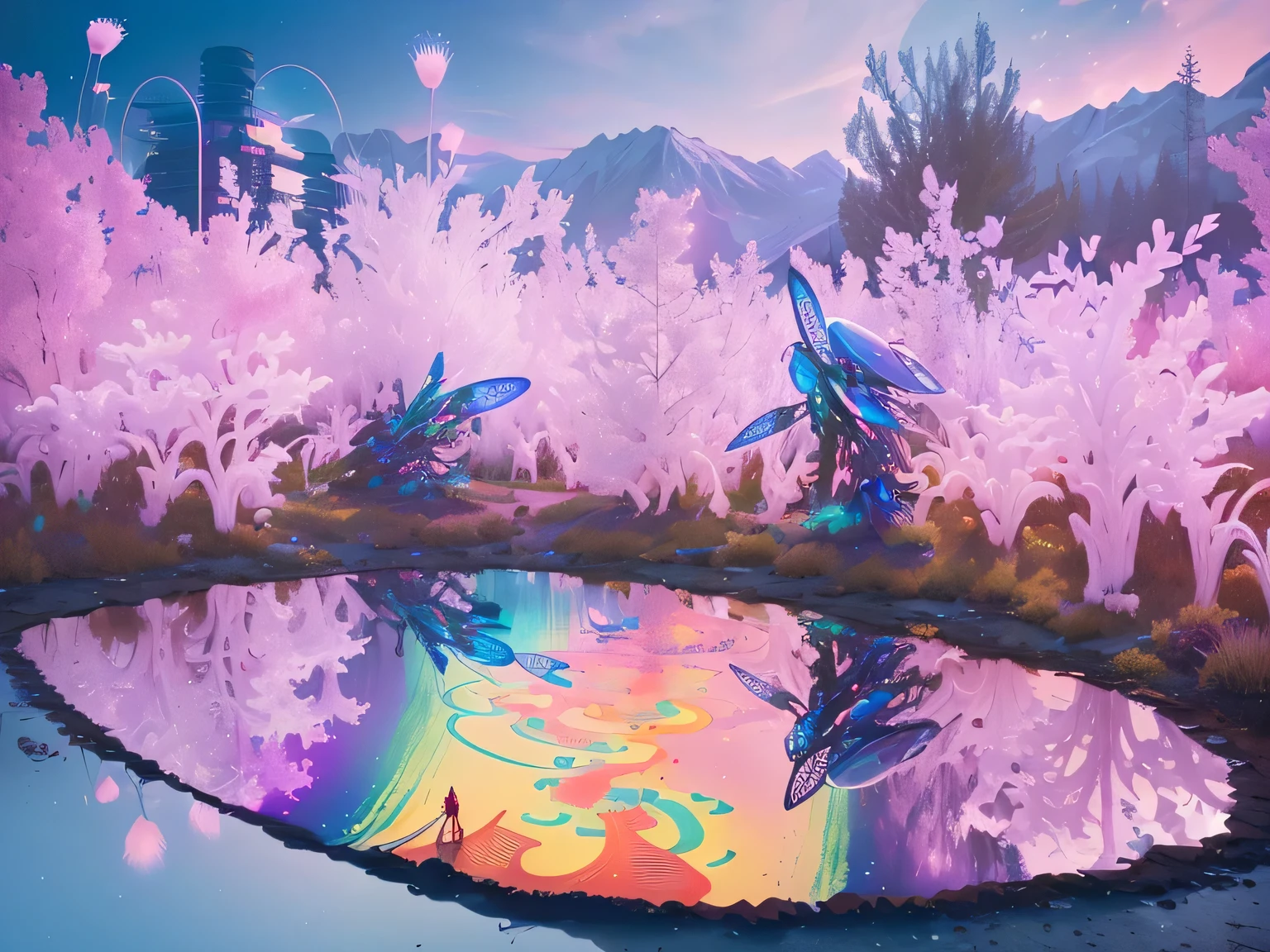 A skateboard is lying in the middle of the field, Sci-fi gadgets in a pond, beeple 和 james jean, Whimsical and psychedelic, in a park on a alien planet, in a park on a alien planet, psychedelic landscape, beeple 和 Jean Giraud, Psychedelic visuals, Otherworldly visuals, Psychedelic Ski Resort, Michael Page，Highly retain the original composition、color，artistic conception，Adding ultra-details，High image quality 4K HD、4D HD、3D detail、8K Ultra HD resolution。