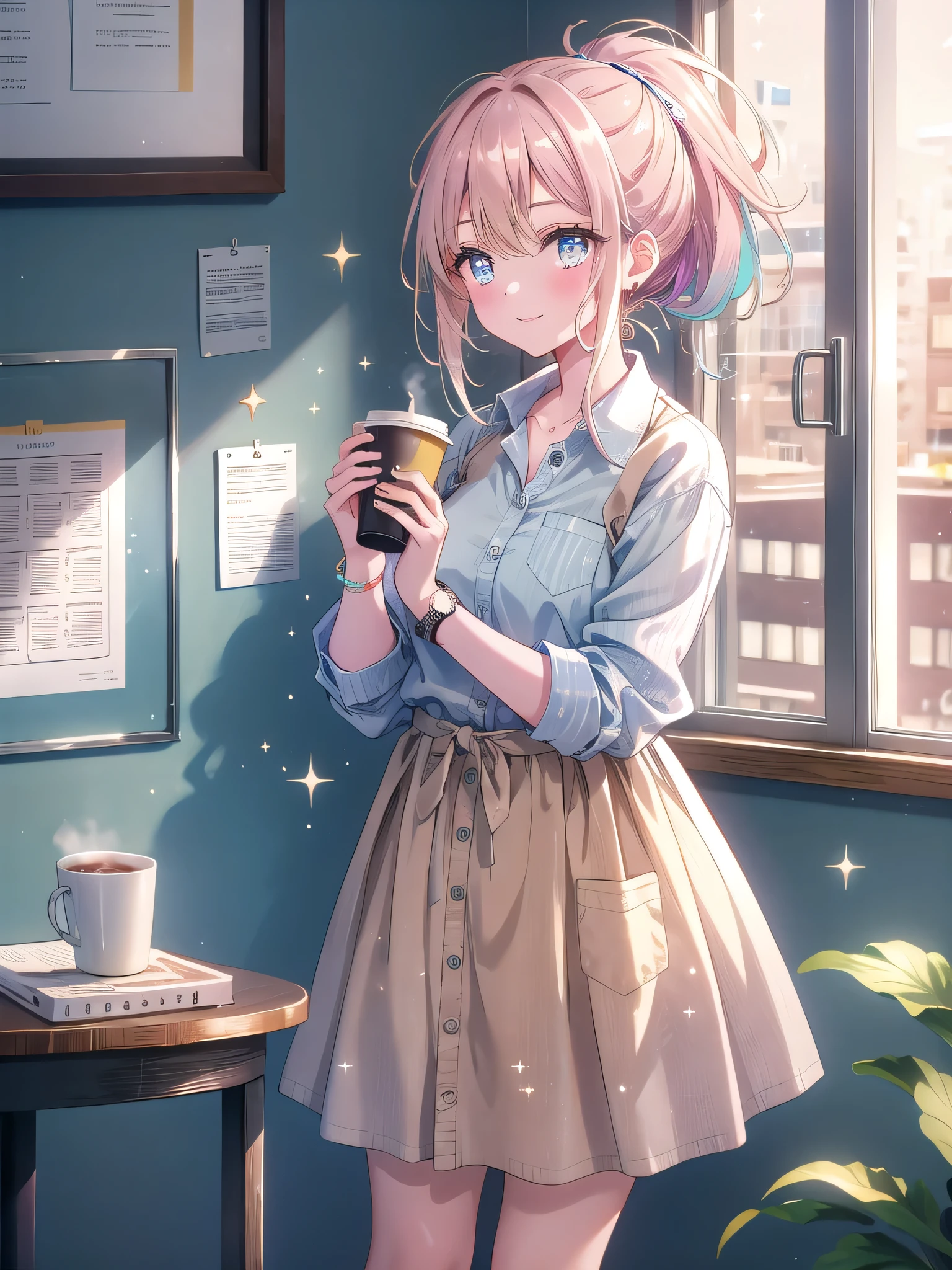 ((8k, Highest quality, masterpiece: 1.3)),Ultra-high resolution,(1 girl, alone), (Color changing eyes, Ultra-detailed, Expressive brilliance, Glitter, Glowing Eyes), Highly detailed eyes, Highly detailed face, Random Hair, ((pastel colour))The woman is in an office break room, standing by the window while checking her phone and holding a coffee cup. The break room is simple with a small kitchenette, a round table, and a bulletin board on the wall. She’s wearing a casual light blue button-down shirt tucked into beige chinos, with comfortable flats. Her hair is loosely tied in a ponytail, and she’s wearing a watch and simple bracelets. She glances at the camera with a relaxed, friendly smile, enjoying a quick break before heading back to work.

