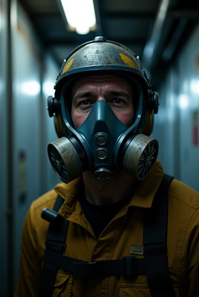 A man in a confined space using a full face closed breathing mask supplying compressed air oxygen model Air Safety Respiratory Mask Set Arcopan 512575 CA 8052