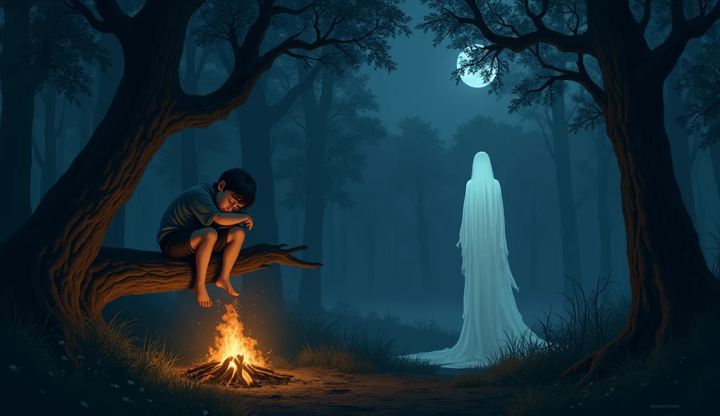 Create a haunting yet serene midnight scene in a dense forest. A young boy is sitting on a sturdy wooden branch near a small, flickering campfire. He is peacefully asleep, with his head resting on his knees and his arms wrapped around them. The forest around him is dark, with tall trees casting long, eerie shadows. Standing close to the boy, slightly illuminated by the dim light of the campfire, is a ghostly figure. The ghost is translucent, with a calm and protective presence, rather than menacing. The atmosphere is a blend of tranquility and mystery, with the moonlight filtering through the trees and a gentle breeze rustling the leaves.