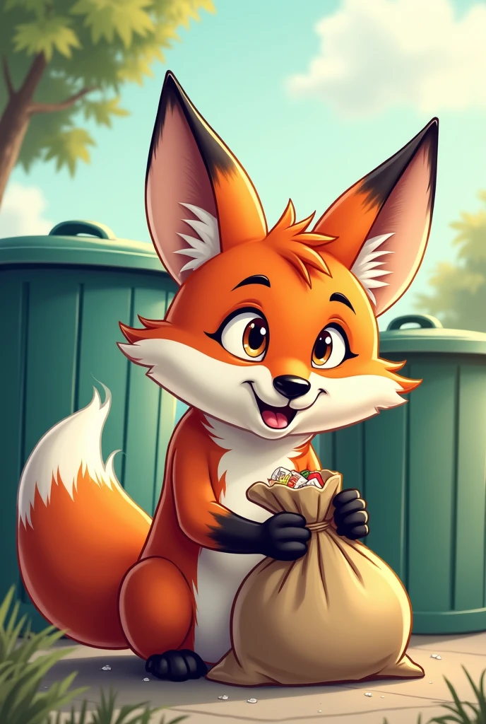Fox throws trash, background has three trash cans flow style cartoon . And fox have a bag trash in hand