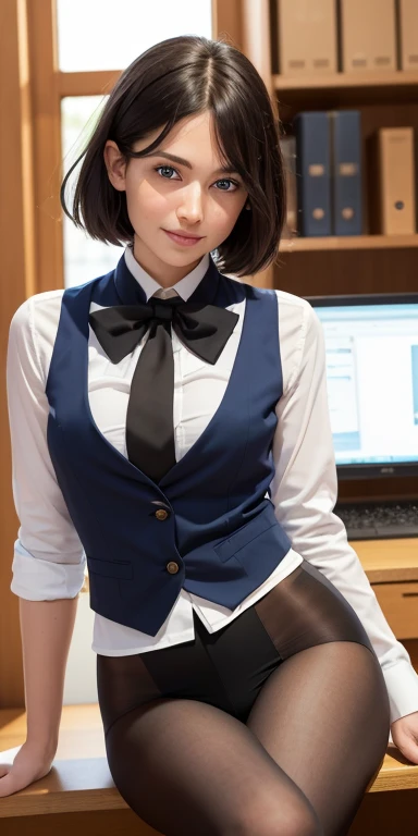(RAW, best quality, masterpiece:1.5), (photo realistic, intricate details:1.2), ultra highres, absurdres,
1girl, beautiful face, blue eyes, green eyes, detalied eyes, symmetric eyes, light on face, nose blush, short hair, black hair tie, 
clk, vest, suit, pencil miniskirt, unbuttoned white shirt, loose silk scarf, black pantyhose, [:20d, :0.8],
smile, small dimples, sexually suggestive, 
medium breasts, slim waist, slim legs, long legs,
sitting on chair in front of desk, perfect body, good proportions,
looking at viewer, 
(office, indoor, hyper detailed background:1.2), japan, copy machine, file cabinet, computer, monitor,
shiny skin, real skin texture, 
natural lighting, best lighting, detailed background, detailed shadow, sharp focus, depth of field f/2,
saturated, high contrast, strong light and shadow