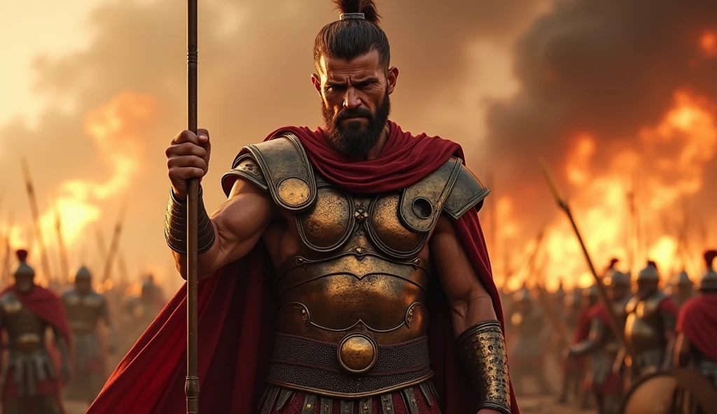 Greek warrior, wounded, stuck by an arrow, battlefield, fire, cinematic HD.