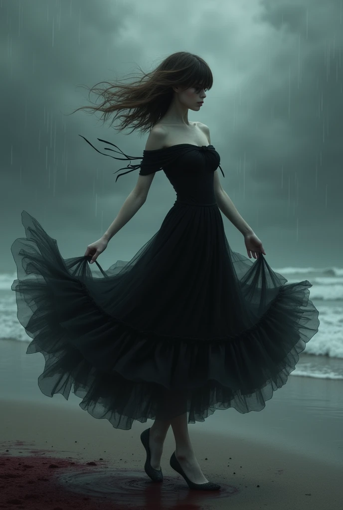 Female
Wearing a Tall black off the shoulder layery dress
Brown hair medium reaching above shoulders with curtain bangs and covering eye sockets
Eyes covered by a ribbon
She has Pale white skin
With a Skinny hourglassish build with emotioless features
Is dancing elegantly in a bloody black sand with dark cloudy heavy rain and thunder in the back
Destined to be killed by a lover again
