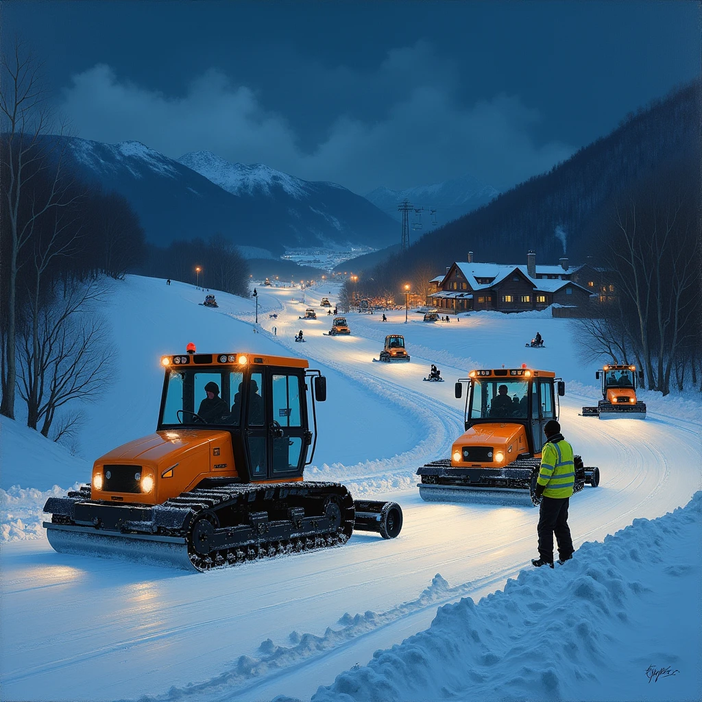 A modern realistic oil painting of a ski resort at night in the Scottish highlands, with a ski village in the background, lights on in the buildings, smoke from the chimneys, closed ski slope with empty chairlifts going up the mountain, snow groomers working on the slope with flashing beacons and lights reflecting on the ground, and drivers wearing steel toe boots, hi-visibility jackets, and woolen beanies in the cabs of the machines. Snow groomers facing uphill, looking heavy duty, powered by diesel engines with smoke coming out of the exhaust pipes, and the main ski lodge in the village in the background with snow being pushed by the blades on the snow groomers.
