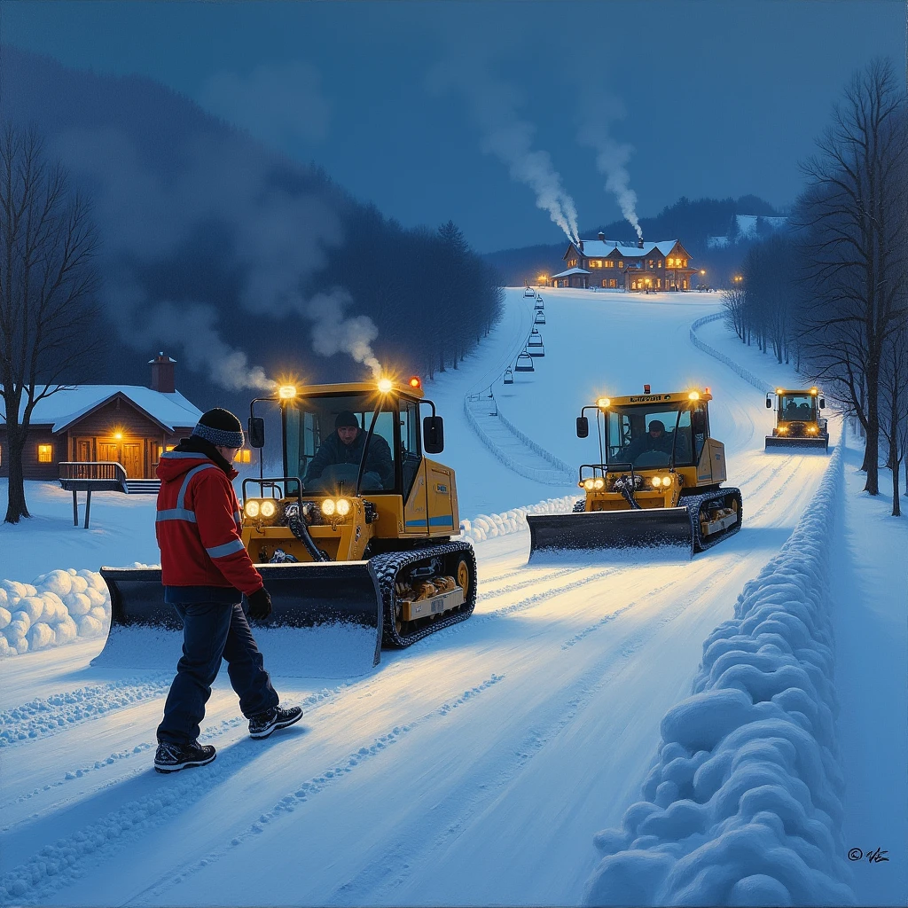 A modern realistic oil painting of a ski resort at night in the Scottish highlands, with a ski village in the background, lights on in the buildings, smoke from the chimneys, closed ski slope with empty chairlifts going up the mountain, snow groomers working on the slope with flashing beacons and lights reflecting on the ground, and drivers wearing steel toe boots, hi-visibility jackets, and woolen beanies in the cabs of the machines. Snow groomers facing uphill, looking heavy duty, powered by diesel engines with smoke coming out of the exhaust pipes, and the main ski lodge in the village in the background with snow being pushed by the blades on the snow groomers.