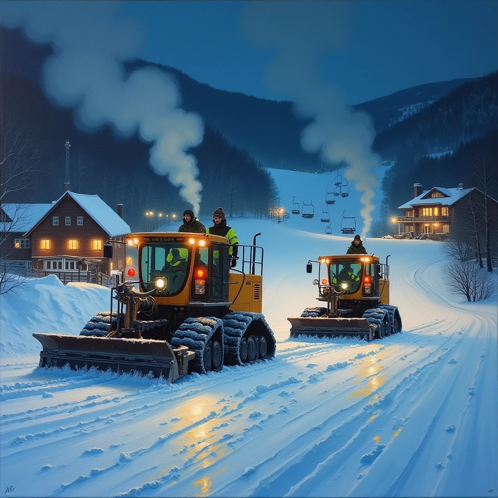 A modern realistic oil painting of a ski resort at night in the Scottish highlands, with a ski village in the background, lights on in the buildings, smoke from the chimneys, closed ski slope with empty chairlifts going up the mountain, snow groomers working on the slope with flashing beacons and lights reflecting on the ground, and drivers wearing steel toe boots, hi-visibility jackets, and woolen beanies in the cabs of the machines. Snow groomers facing uphill, looking heavy duty, powered by diesel engines with smoke coming out of the exhaust pipes, and the main ski lodge in the village in the background with snow being pushed by the blades on the snow groomers.