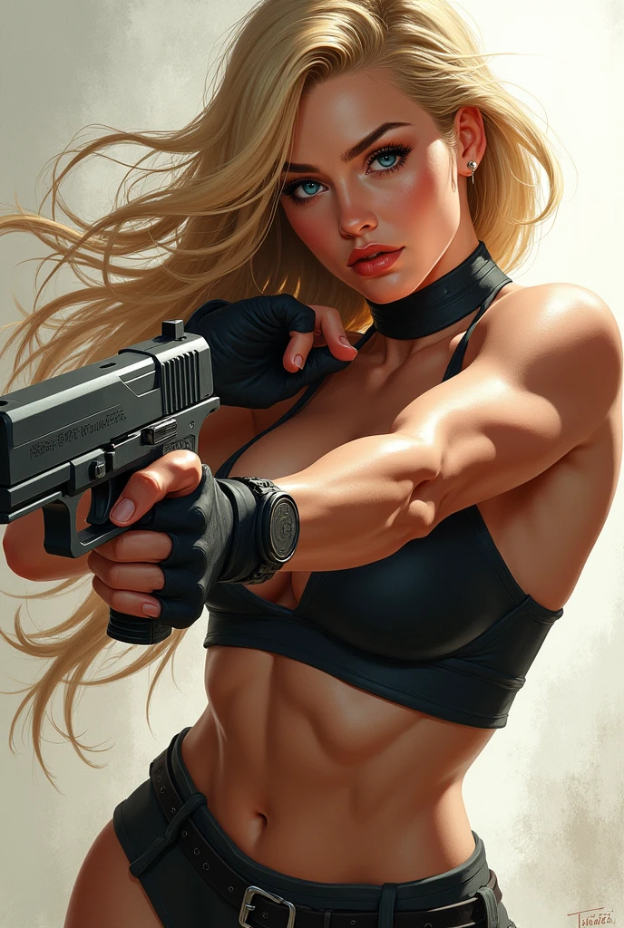 close up of woman with gun, lindosexyrobatts, cammy, high resolution commission, fighter pose, exquisite high detail fanart, lola bunny fanart, eddie mendoza, fighting pose, rudo pose, ivan talavera and artgerm style, wide legs, blonde hair, blue eyes, sfw huge boobs,huge boobs:1.6, beautiful body, sculpted body, hourglass body, thin waist