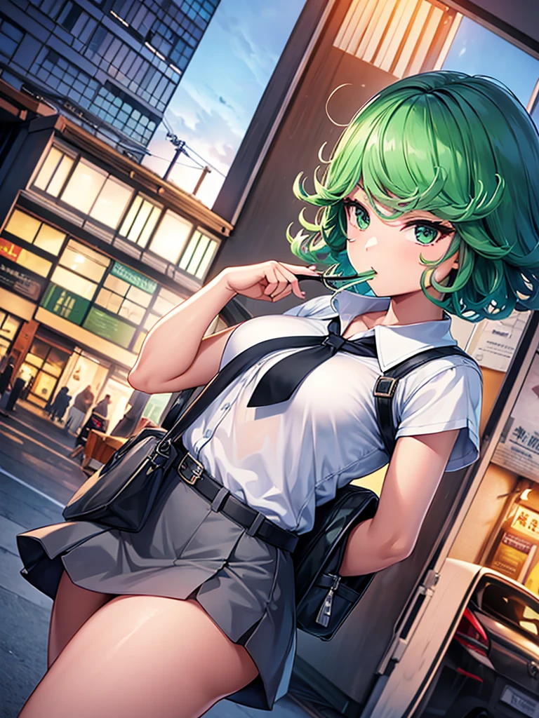 (high res, 8K, masterpiece, looking at viewer, best quality, very aesthetic, ultra detailed, ultra background, ultra Eyes) intricate details, 1girl, Tatsumaki, Chibi, short sleeved white shirt, Light Blue Gray short skirt, Pockets on the left chest, Light Blue Gray Tie, Wearing a belt, Black Sling bag, green short hair, green eyes, drinking bubble milk tea, normal face, Background City, Store, Cinematic Angle