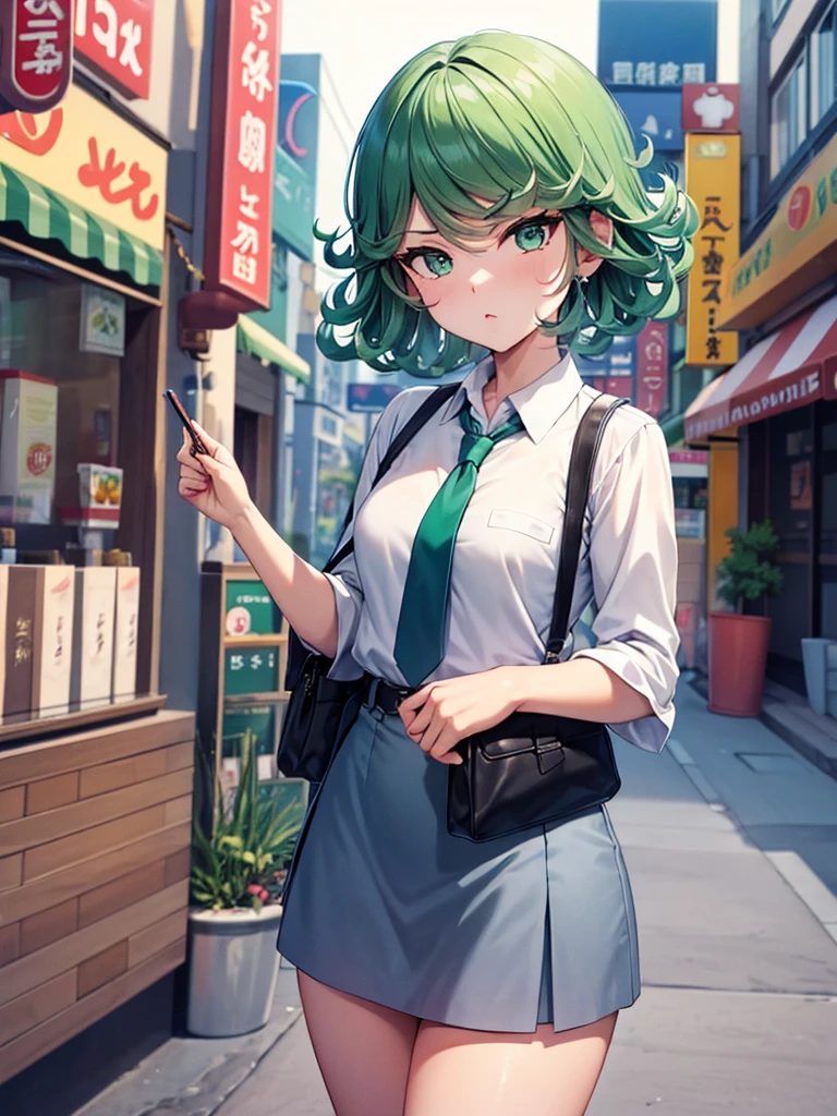 (high res, 8K, masterpiece, looking at viewer, best quality, very aesthetic, ultra detailed, ultra background, ultra Eyes) intricate details, 1girl, Tatsumaki, Chibi, short sleeved white shirt, Light Blue Gray short skirt, Pockets on the left chest, Light Blue Gray Tie, Wearing a belt, Black Sling bag, green short hair, green eyes, drinking bubble milk tea, normal face, Background City, Store, Cinematic Angle