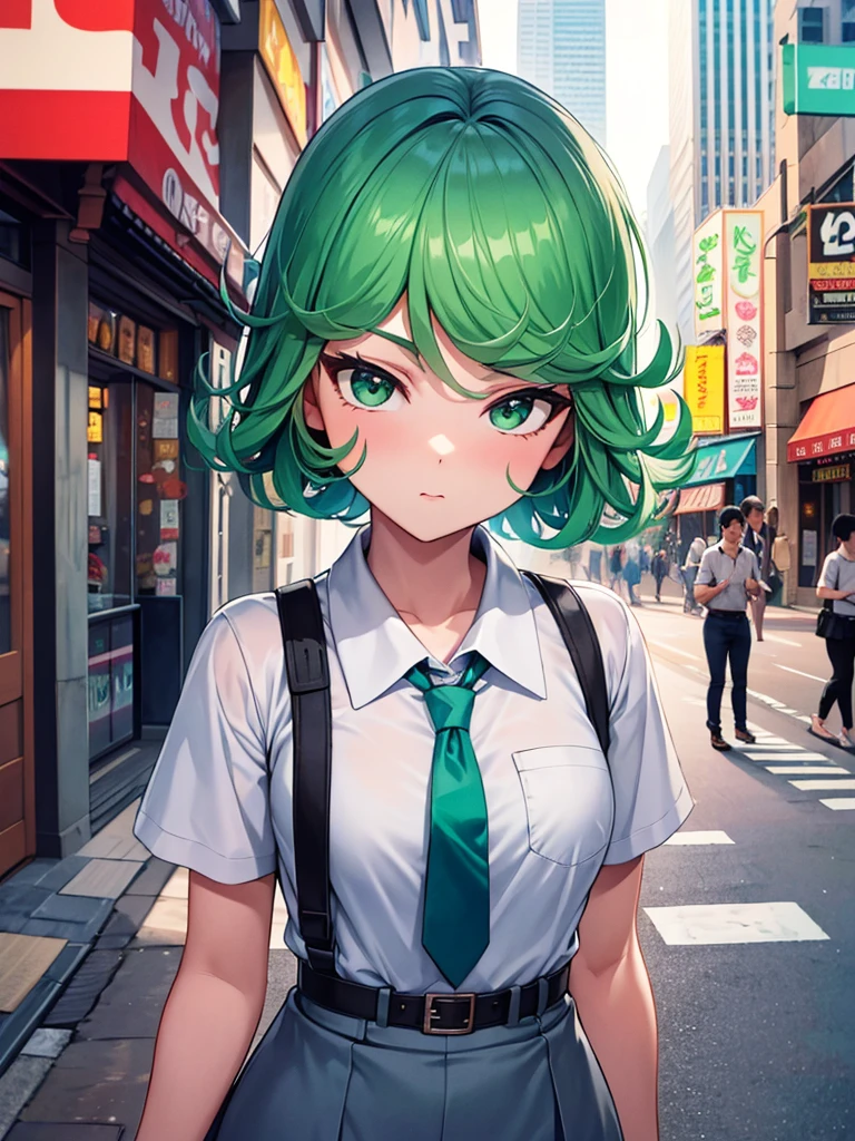 (high res, 8K, masterpiece, looking at viewer, best quality, very aesthetic, ultra detailed, ultra background, ultra Eyes) intricate details, 1girl, Tatsumaki, Chibi, short sleeved white shirt, Light Blue Gray short skirt, Pockets on the left chest, Light Blue Gray Tie, Wearing a belt, Black Sling bag, green short hair, green eyes, drinking bubble milk tea, normal face, Background City, Store, Cinematic Angle