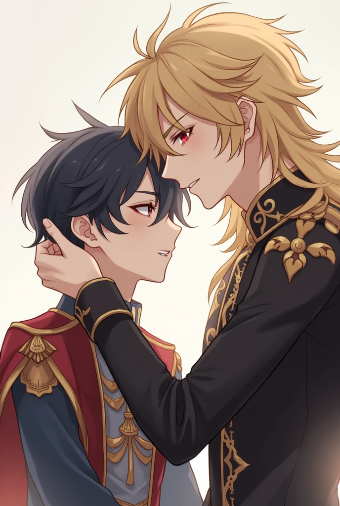 The boy with black short hair and red eyes pretty and cute, dressed in royal attire, is looking up at a taller boy with long golden hair, golden eyes, who is handsome and masculine. The boy with golden hair gently tucks the black-haired boy's hair behind his ear while gazing at him and smiling affectionately. Black hair boy is , golden hair boy is .