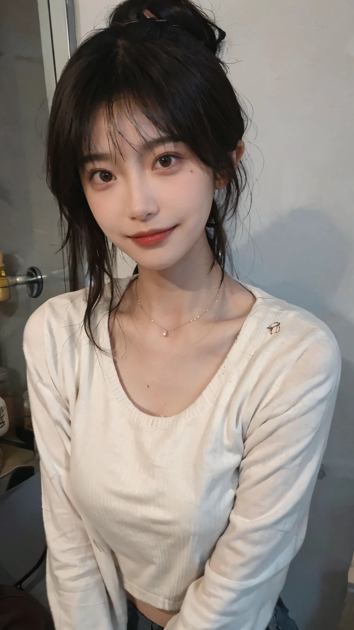 best qualtiy， Ultra-high resolution， （realisticlying：1.4），cute hairpin，Baoyu Girl，1girll,Cropped red sweater ，Beautiful woman with a slim figure:1.4, abs:1.1, (A brown-haired, mideum breasts:1.3), bathroom,Ultra-fine face，Elaborate Eyes，double eyelid，ssmile，choker necklace
