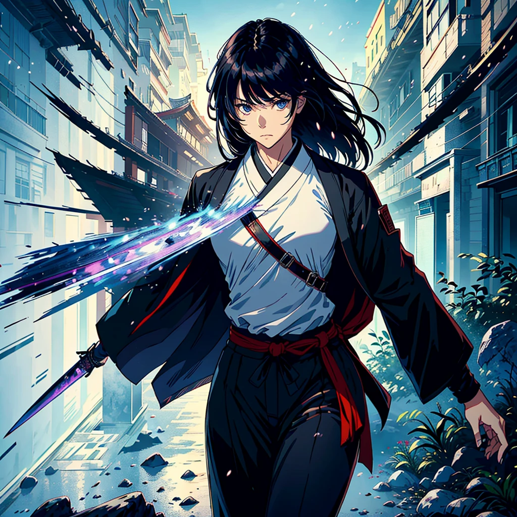 （Highest quality、High resolution、8k、mysterious、masterpiece：1.2）。Yoshitaka Amano-style depiction。The cruel and inhuman Yamada Asaemon。Edo Period。she、Edo Periodの首斬り、assassination、Is an executioner。A long Japanese sword is attached to his waist.。A uniform fashion with black belts all over the body。The gleam in his eyes is gone、I&#39;m so sleep-deprived that I have bags under my eyes.。Eye patch。ただし誰が見てもshe剣の達人だと感じ、He has unquestionable spirit.。With gray hair、Ragged hair。Of course there is the appeal of being a woman。Overwhelming strength and charm。Bloody bandages on wrists and ankles。Samurai。With a cold-hearted look that looks down on people、A crowd of commoners々And pass by。Person kneeling on the ground々。Edo Periodの風景。Bold Pose、Seems like a bad personality。