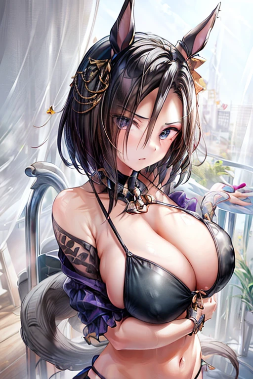 (((masterpiece))), (((High resolution))), (((Perfect Face))), (((Air Groove \(umamusume\)))), ((Black Bikini)), Top quality eyes, Detailed Texture, Looking at the camera, (big breast:1.1), ((High resolutionの顔)), Hide your hands
