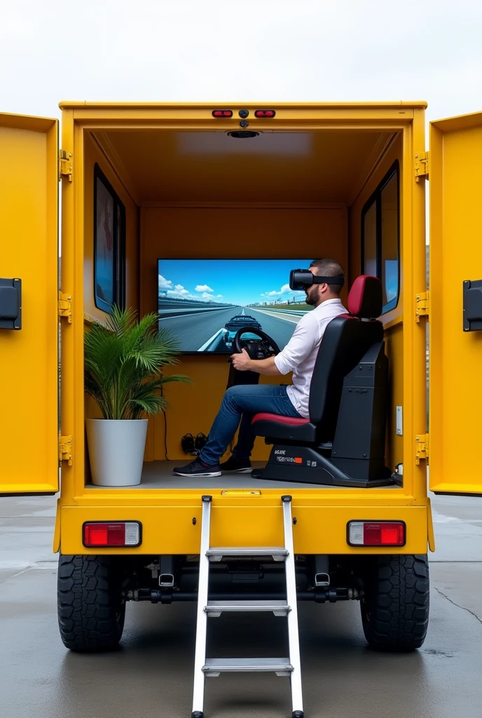 yellow mini truck seen from the rear with the door open and a ladder that gives access from the ground to the inside, and inside a TV running a racing game and a racing cockpit with a sim motion platform and VR glasses and a person using