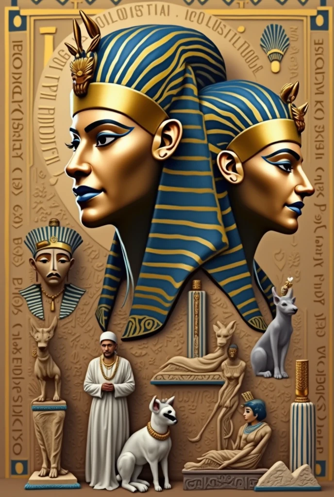 Make me a creative Egyptian collage with its historical figures in bright shiny effects