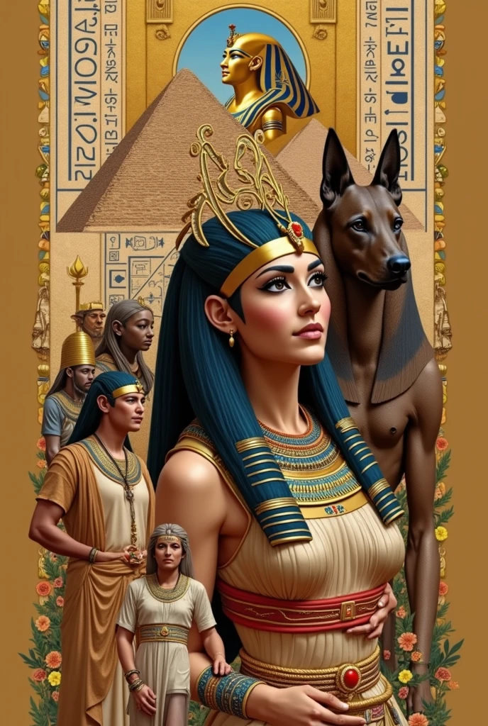 Make me a creative Egyptian collage with its historical figures in bright shiny effects