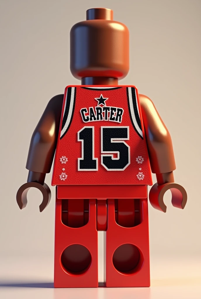 Generate a Lego-style jersey number 15. The star must be black. The jersey must look like Vince Carter. The jersey must be red and white. The star must be bald. 