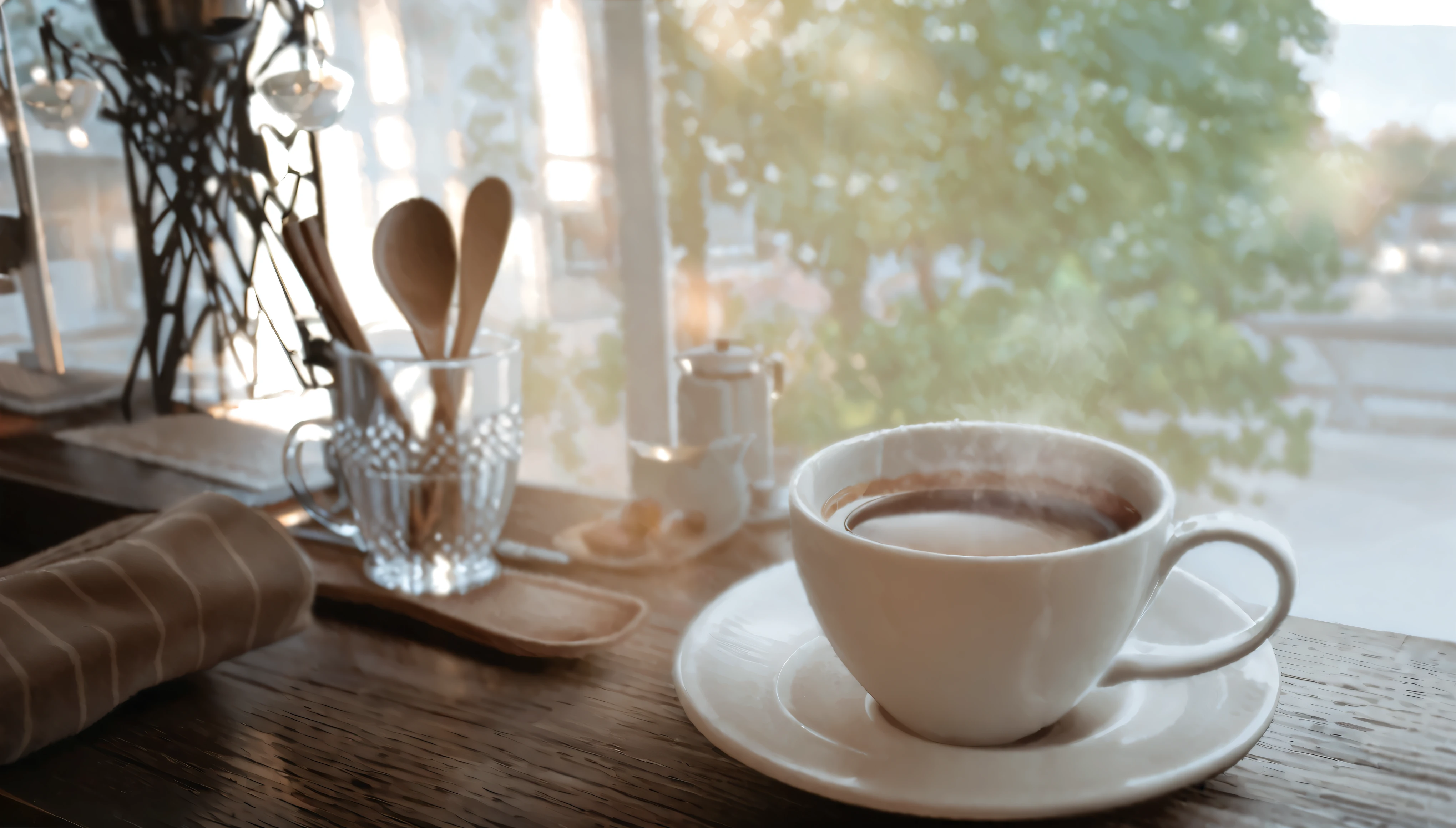there is a cup of coffee on a saucer and a spoon, coffee, cup of coffee, Cozy cafe background, coffee cup, drinking a cup of coffee, morning coffee, soft morning light, morning, sunny morning light, Shot with Canon EOA6D Mark II, hot coffee, good morning, Bone, hard morning light, afternoon, Shot with Sony A7