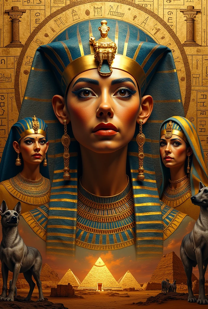 Make me a creative Egyptian collage with its historical figures in bright shiny effects