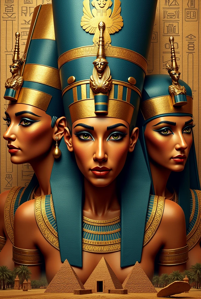Make me a creative Egyptian collage with its historical figures in bright shiny effects
