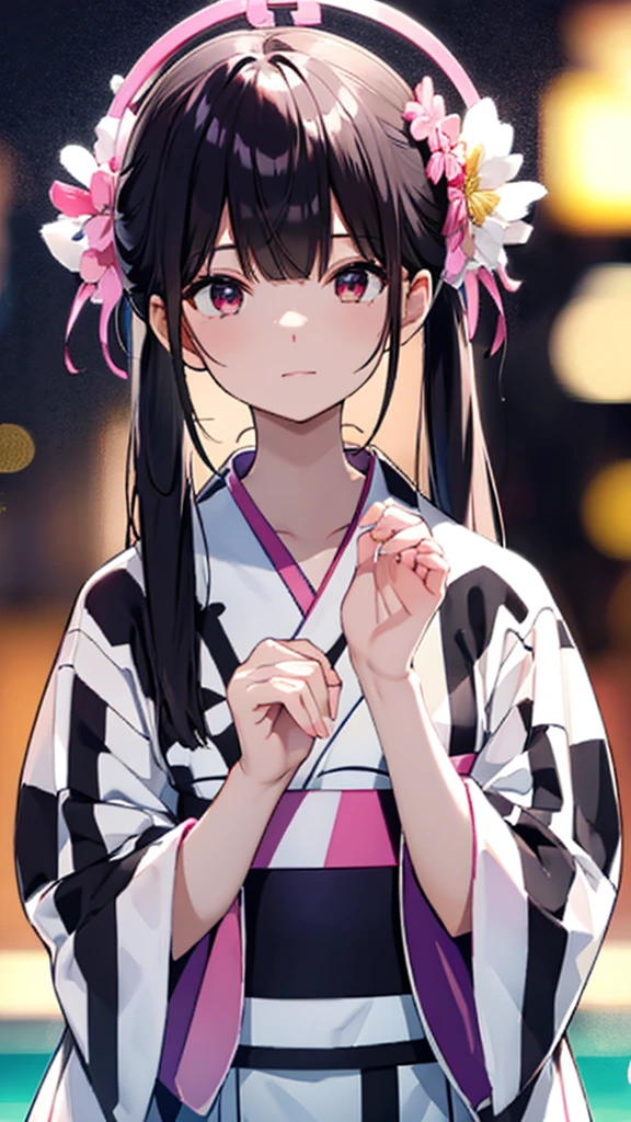 Black Hair、refreshing、A stylish background、Half Twin Tail、clear、Summer Yukata、Pale white and pink、Summer night sky、