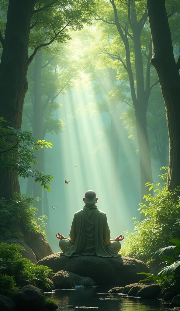 Sage Meditating in Forest**: A serene scene of a sage in deep meditation, surrounded by lush greenery and a peaceful forest setting.