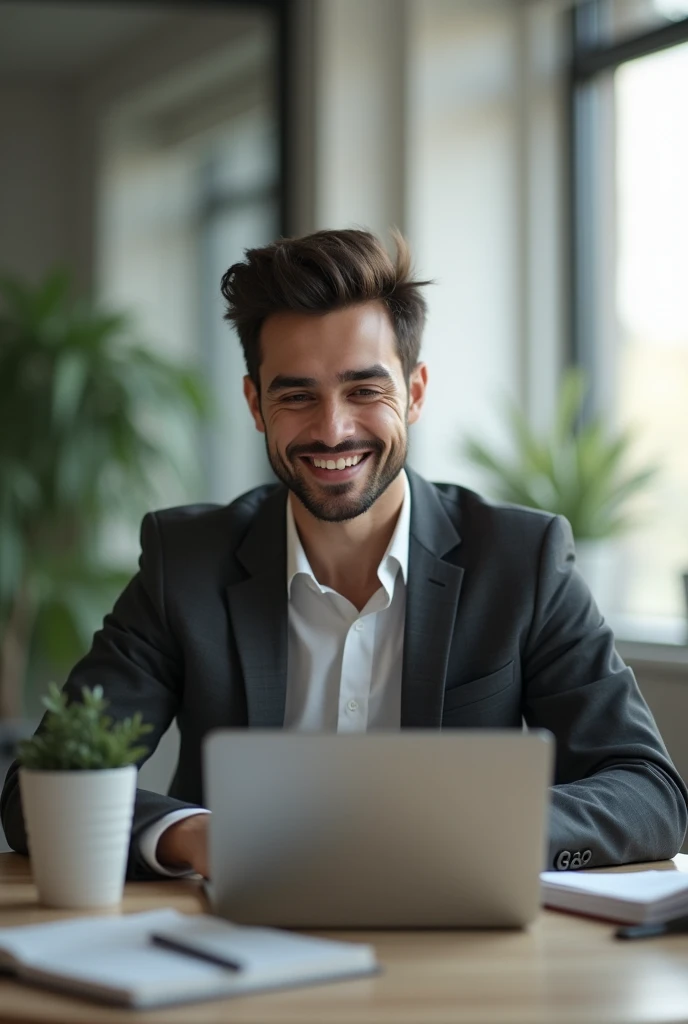 front,Positive face,There is a young man in front of the computer,Business people,A young man alone in the office facing,notebook,Looks happy