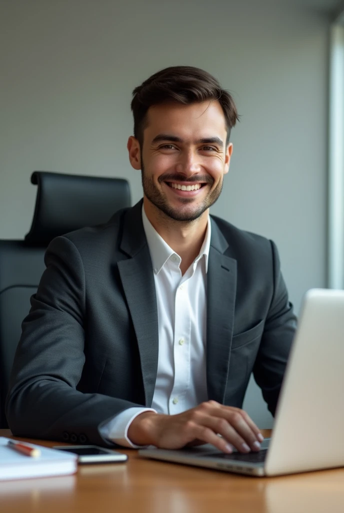 front,Positive face,There is a young man in front of the computer,Business people,A young man alone in the office facing,notebook,Looks happy