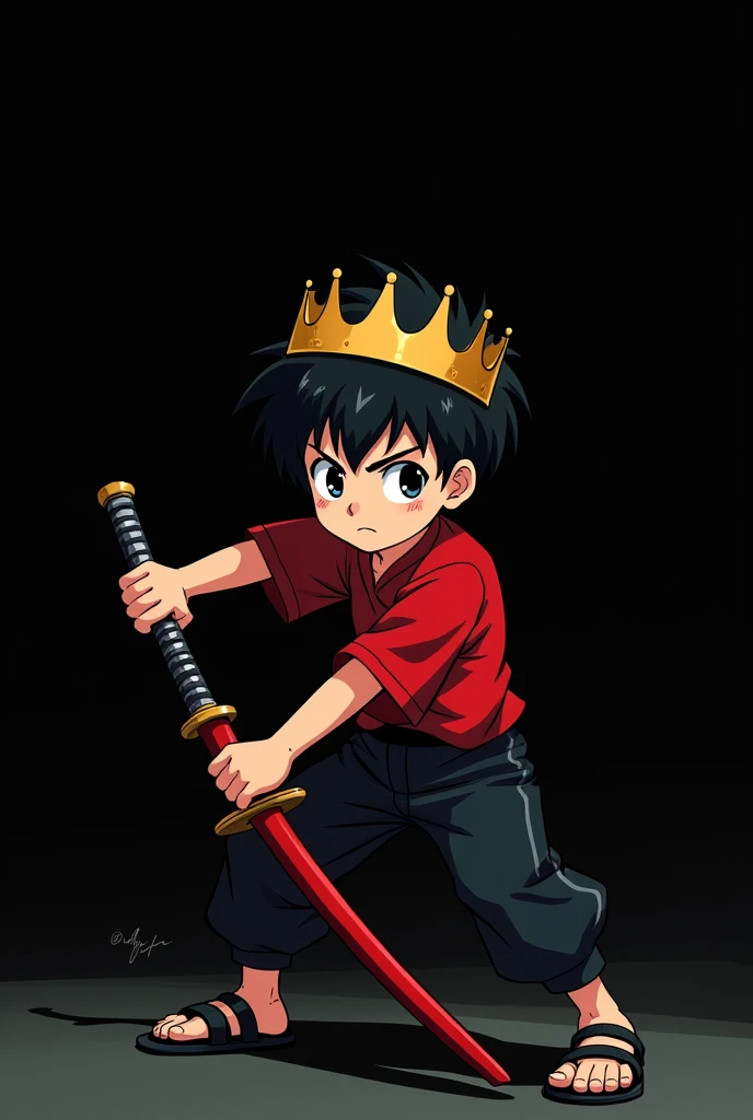 A young boy with red shirt and black pant and he have crown in head holding red katana backside and background black anime photo 