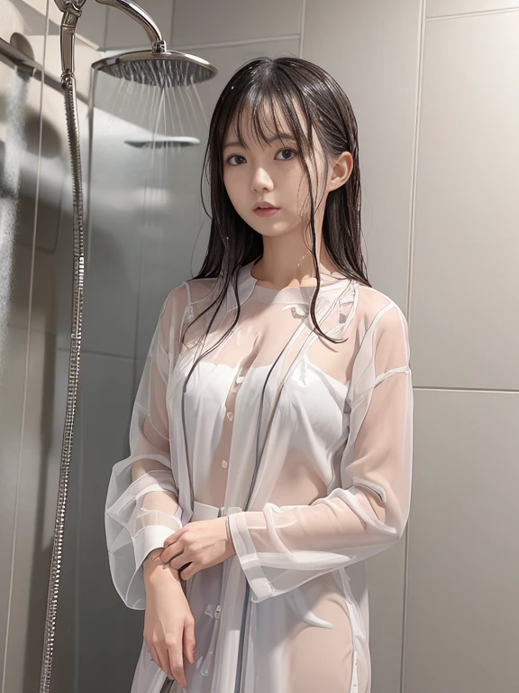 Japanese female, (underweight), (medium bust best quality:1.0), 30 years old,
standing, (looking up), semi long, (wet blouse), (transparent blouse:1.2), (in the shower room), (taking a shower:1.4), from below