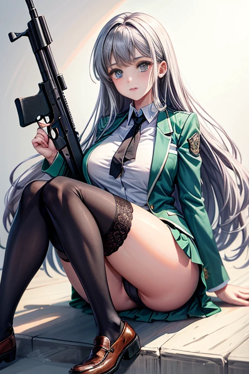 Highest quality、Ultra HD、One Woman、(Silver long hair 1.3)、(Green blazer 1.3)、(White tight mini skirt 1.3)、(Black tie)、(Black loafers 1.1)、((Shooting a gun 1.2))、(Large Breasts)、(Thighs)、(Black knee-highs 1.2)、(Beautiful face with sharp eyes 1.2)、40-year-old woman、Slender body、(Evening school background 1.2)、((Clear and beautiful touch))