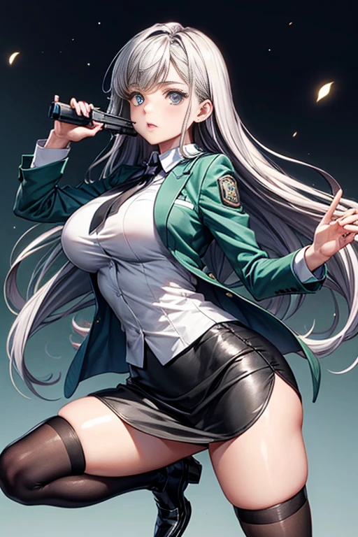 Highest quality、Ultra HD、One Woman、(Silver long hair 1.3)、(Green blazer 1.3)、(White tight mini skirt 1.3)、(Black tie)、(Black loafers 1.1)、((Shooting a gun 1.2))、(Large Breasts)、(Thighs)、(Black knee-highs 1.2)、(Beautiful face with sharp eyes 1.2)、40-year-old woman、Slender body、(Evening school background 1.2)、((Clear and beautiful touch))