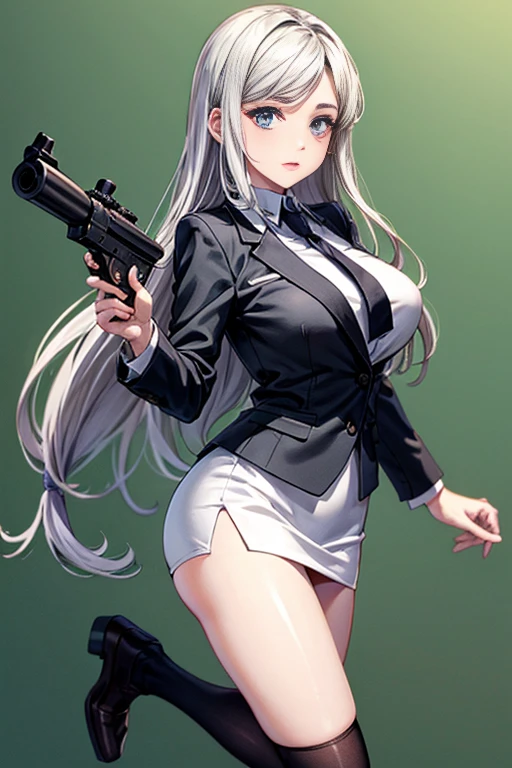 Highest quality、Ultra HD、One Woman、(Silver long hair 1.3)、(Green blazer 1.3)、(White tight mini skirt 1.3)、(Black tie)、(Black loafers 1.1)、((Shooting a gun 1.2))、(Large Breasts)、(Thighs)、(Black knee-highs 1.2)、(Beautiful face with sharp eyes 1.2)、40-year-old woman、Slender body、(Evening school background 1.2)、((Clear and beautiful touch))