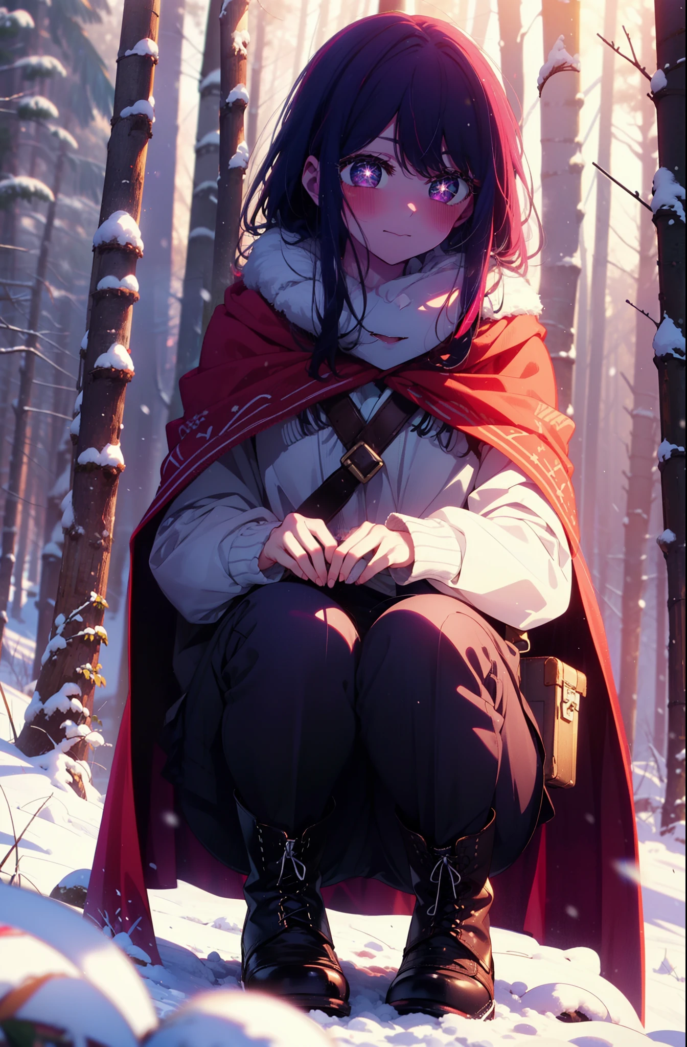 aihoshino, Ai Hoshino, Long Hair, bangs, (Purple eyes:1.1), Purple Hair, (Symbol-shaped pupil:1.5), smile,,smile,blush,white breath,
Open your mouth,snow,Ground bonfire, Outdoor, boots, snowing, From the side, wood, suitcase, Cape, Blurred, , forest, White handbag, nature, Squat, Mouth closed, Cape, winter, Written boundary depth, Black shoes, red Cape break looking at viewer, Upper Body, whole body, break Outdoor, forest, nature, break (masterpiece:1.2), Highest quality, High resolution, unity 8k wallpaper, (shape:0.8), (Beautiful and beautiful eyes:1.6), Highly detailed face, Perfect lighting, Highly detailed CG, (Perfect hands, Perfect Anatomy),