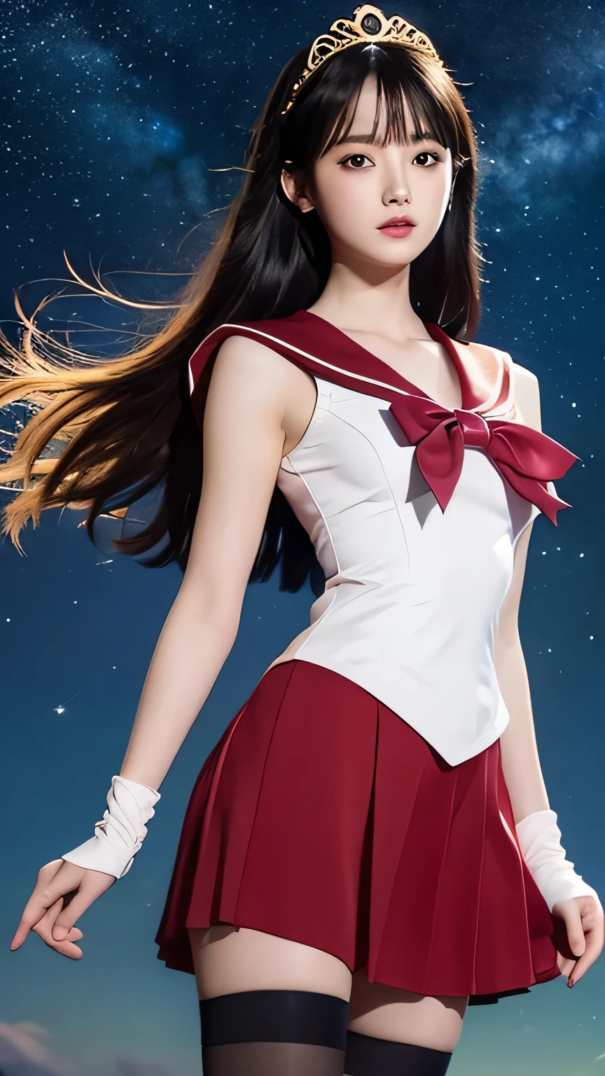 A detailed and vivid image of a character resembling Hino Rei from Sailor Moon, Standing in an iconic pose against a starry sky. She is wearing a classic sailor outfit with a white skinny bodice, Red Skirt, Black Stockings, Red ribbon, White gloves. Black long-haired, Wearing a golden tiara, Her eyes are large and expressive, Showing intelligence and elegance. The background depicts the moon and stars、Enhances the magical atmosphere。