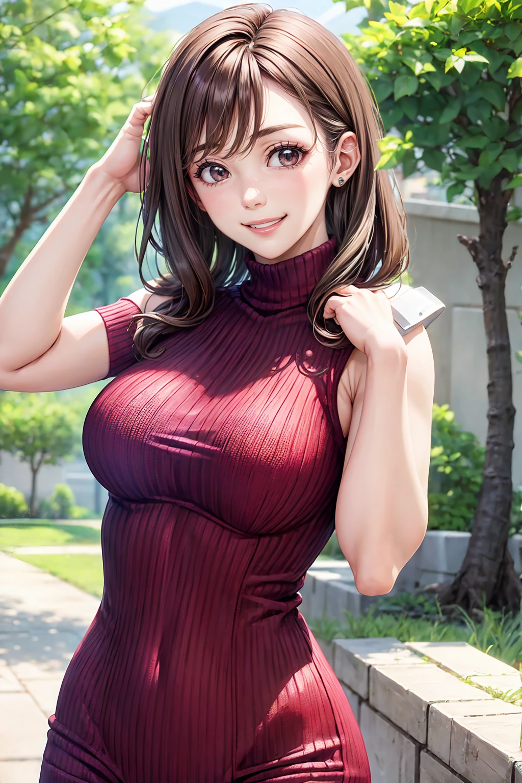 One beautiful woman、Age 30、(Perfect dark red turtleneck tight knit sweater:1.3)、(Upper body photo:1.1)、Look at me and smile、(Strongly blurred natural park background:1.1)、Droopy eyes、Natural Makeup、Long Hair、Ultra-high definition beauty face、(Ultra high resolution perfect beautiful teeth:1.1)、Ultra HD Hair、Ultra HD Shining Eyes、Super high quality glossy lip、Accurate anatomy、(very bright and vivid:1.3)