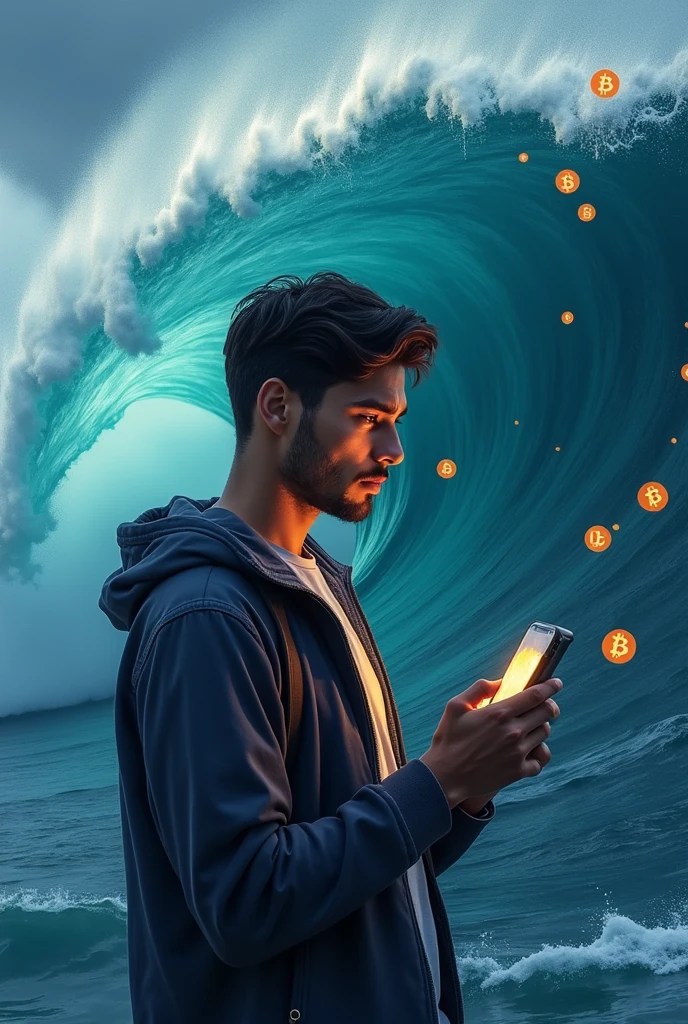 The person is looking thoughtful, with a smartphone in one hand and a rising wave graphic in the background. The wave could have small cryptocurrency symbols like Bitcoin, Ethereum, etc., riding it.