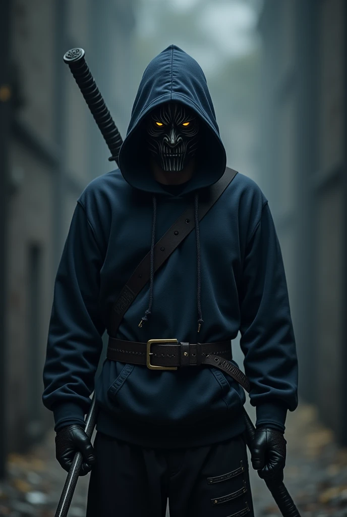 Black suit ninja with dark blue hodie wearing oni mask holding double escrima stick