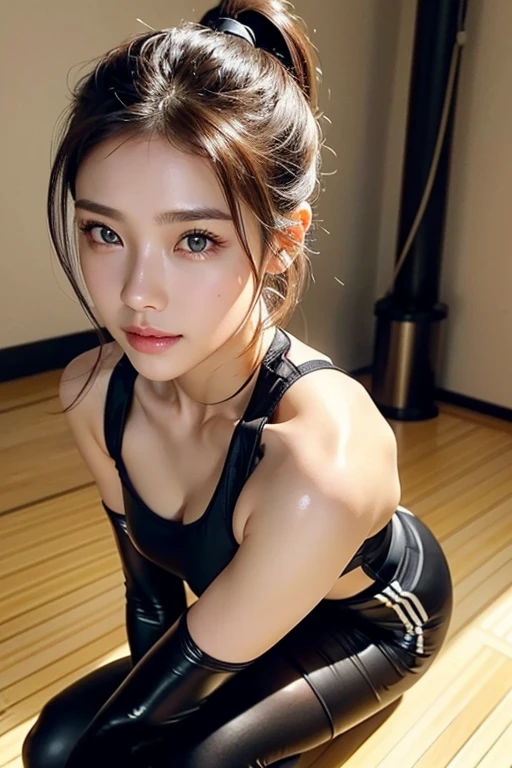 Latex bodysuit、Knee-high boots、Huge 、Long brown hair、Japanese Gravure Idol、Shiny, Oily skin、Glowing Skin、Indoor competition pool、White skin、Beautiful woman、Body Portrait、32K、Beautiful and beautiful eyes、Dindal effect、masterpiece、最high quality、high quality、High resolution、Very detailed photos、(Natural skin texture、Fine skin、Hyperrealism、Ultra Sharpness)、Skin with attention to detail 、(Very fine、Fine skin texture、Intricate details、Beautiful Face、Japanese Idols、(A vivid face)、Realistic eyes、Beautiful and detailed、Training in the fitness gym、Wearing training wear:1.3,ponytail、Realistic Skin、Beautiful Skin、glamorous、Glowing Skin、Greasy muscle 、Daytime、surreal、Very detailed、Golden Ratio、Smiling Eyes、Body Portrait、Full Body Shot:1.5