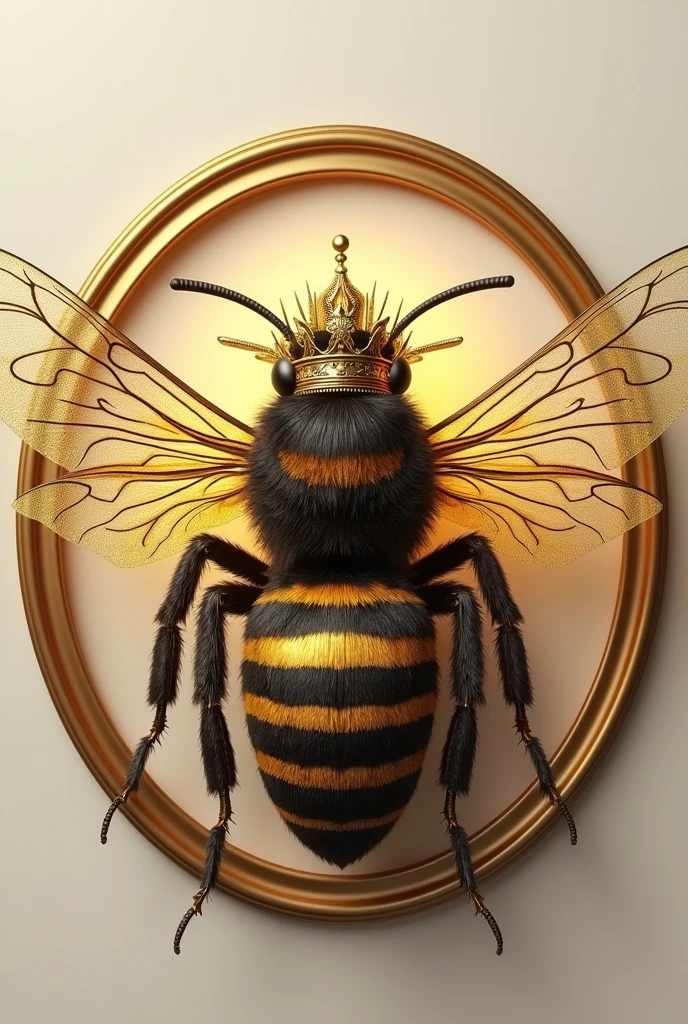 Bee with crown that facing front and spread wings full wings like 3D with gold circle picture frame. And the bee is behind the logo. 